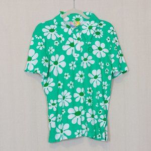 Big Bud Press unisex polo shirt in green/white "Lazy Daisy" floral print, size S